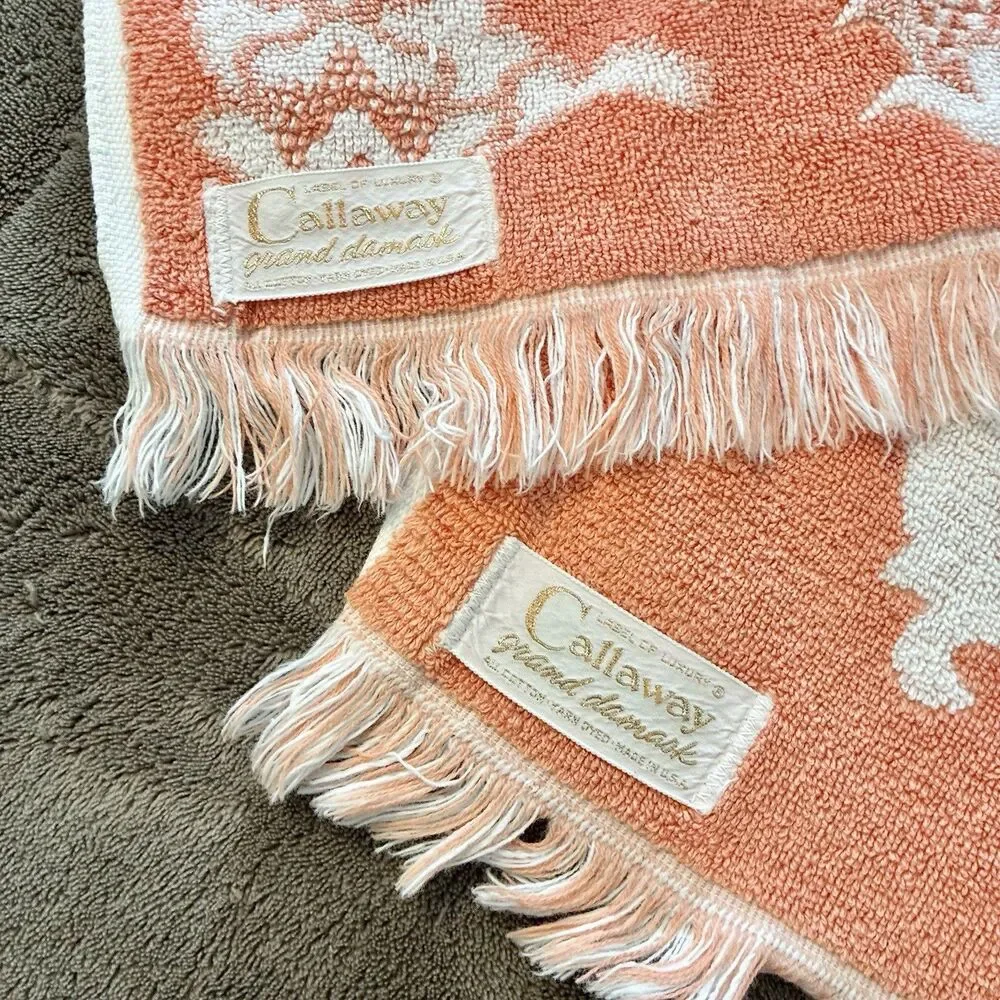 VTG Callaway Bath Towel, Hand Towel Grand Damask Floral Peach Orange *READ*